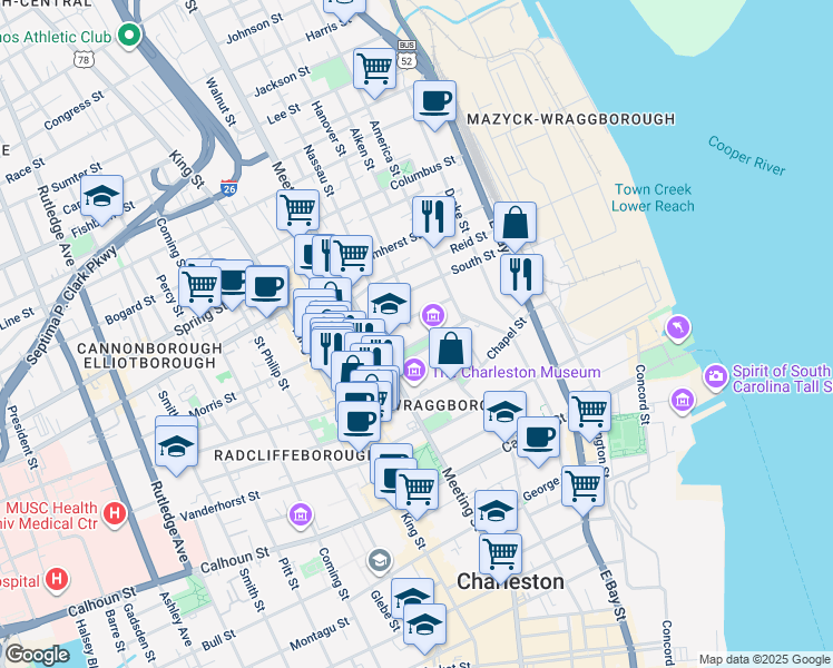 map of restaurants, bars, coffee shops, grocery stores, and more near 48 Elizabeth Street in Charleston