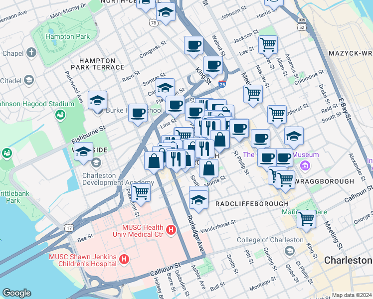 map of restaurants, bars, coffee shops, grocery stores, and more near 24 Ashe Street in Charleston
