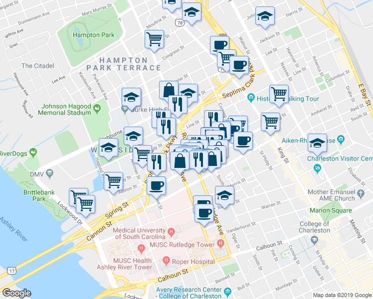 map of restaurants, bars, coffee shops, grocery stores, and more near in Charleston