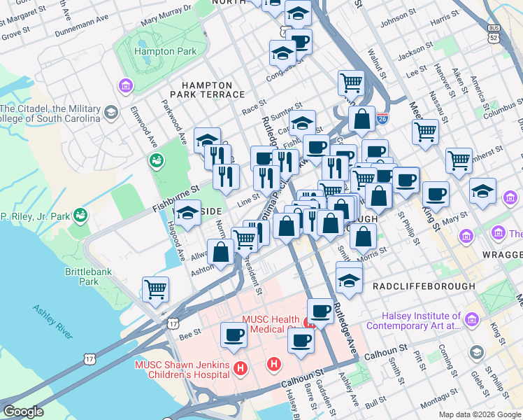map of restaurants, bars, coffee shops, grocery stores, and more near 27 Kennedy Street in Charleston