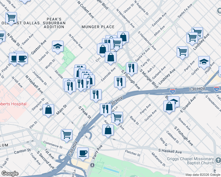 map of restaurants, bars, coffee shops, grocery stores, and more near 4616 Santa Fe Avenue in Dallas