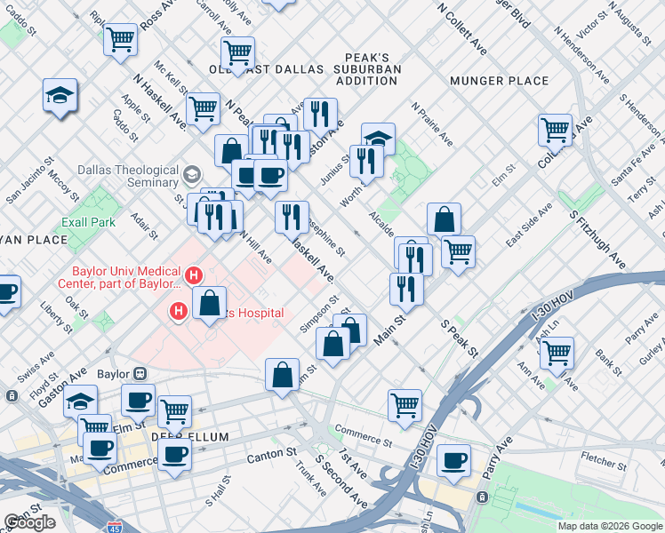 map of restaurants, bars, coffee shops, grocery stores, and more near in Dallas