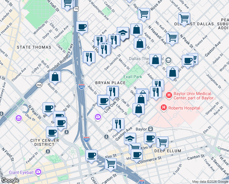 map of restaurants, bars, coffee shops, grocery stores, and more near 3030 Bryan Street in Dallas