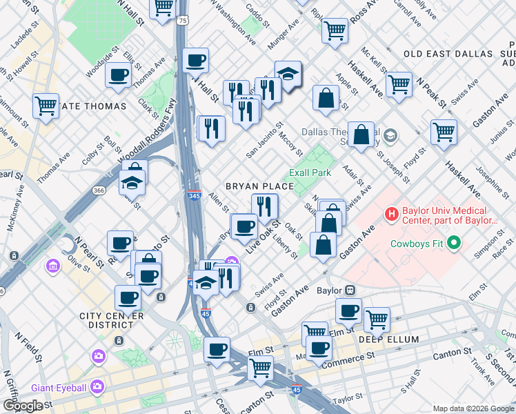 map of restaurants, bars, coffee shops, grocery stores, and more near 800 Liberty Street in Dallas