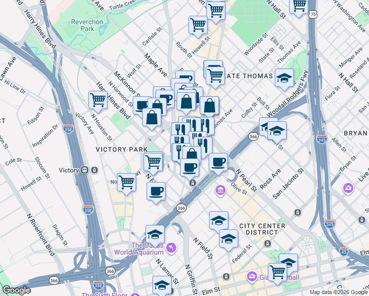 map of restaurants, bars, coffee shops, grocery stores, and more near in Dallas
