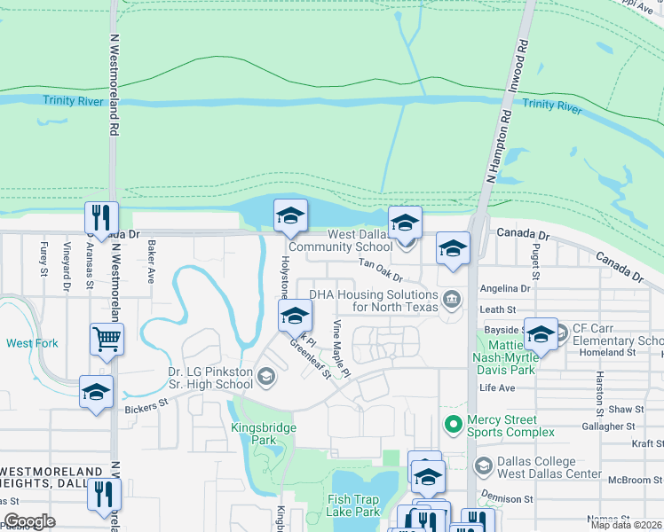 map of restaurants, bars, coffee shops, grocery stores, and more near 2553 Tan Oak Drive in Dallas