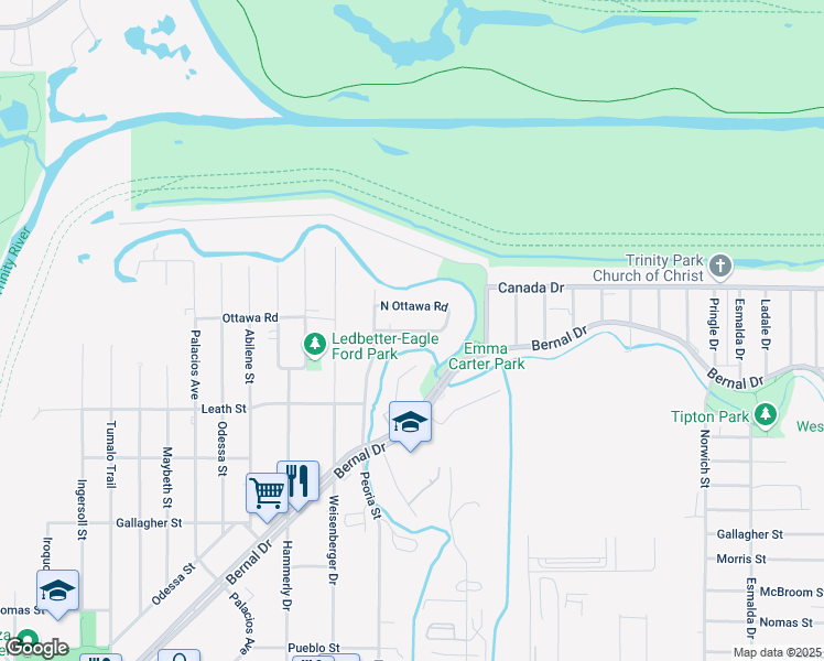 map of restaurants, bars, coffee shops, grocery stores, and more near 4503 South Ottawa Road in Dallas