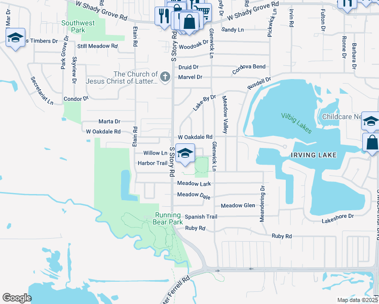 map of restaurants, bars, coffee shops, grocery stores, and more near 2230 Chandelle Drive in Irving