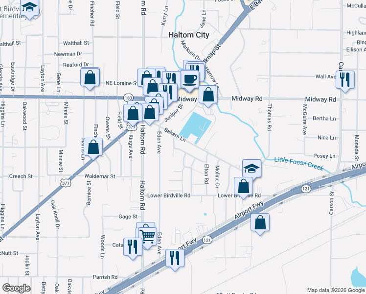 map of restaurants, bars, coffee shops, grocery stores, and more near 5300 Bakers Lane in Fort Worth
