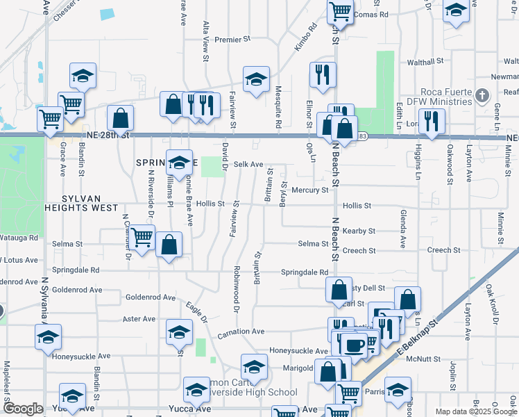map of restaurants, bars, coffee shops, grocery stores, and more near 3475 Hollis Street in Fort Worth