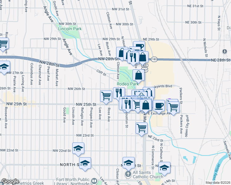 map of restaurants, bars, coffee shops, grocery stores, and more near 2527 Clinton Avenue in Fort Worth