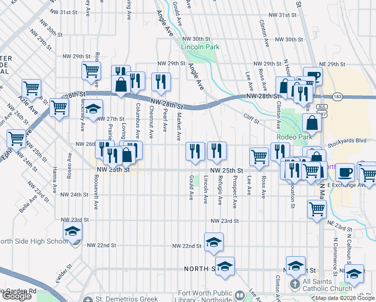 map of restaurants, bars, coffee shops, grocery stores, and more near 2523 Gould Avenue in Fort Worth