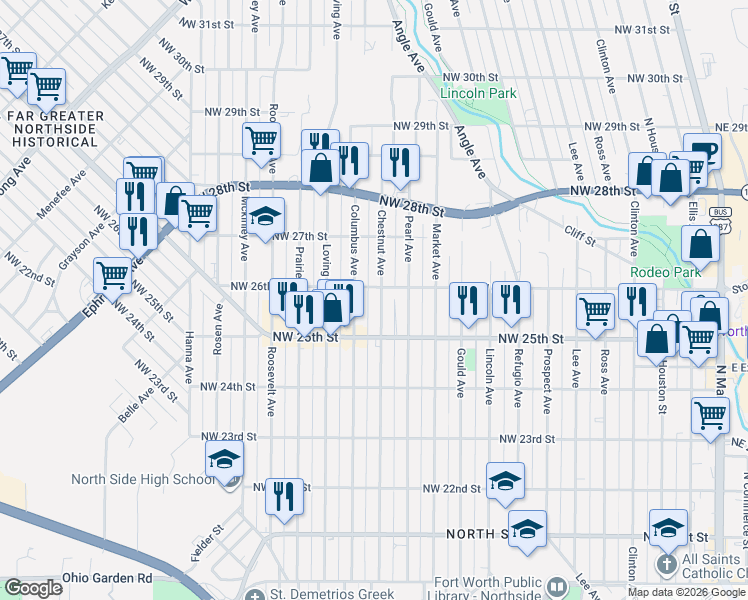 map of restaurants, bars, coffee shops, grocery stores, and more near 2520 Chestnut Avenue in Fort Worth