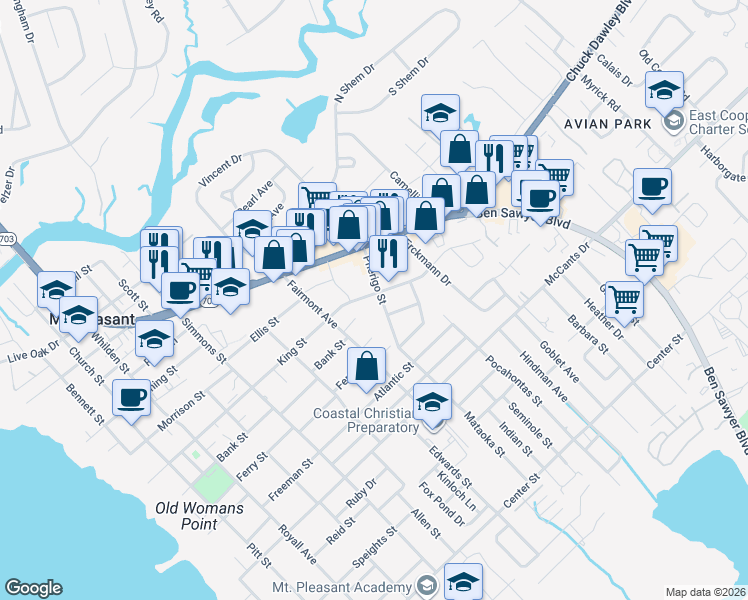 map of restaurants, bars, coffee shops, grocery stores, and more near 1303 Pherigo Street in Mount Pleasant