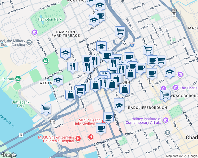 map of restaurants, bars, coffee shops, grocery stores, and more near in Charleston