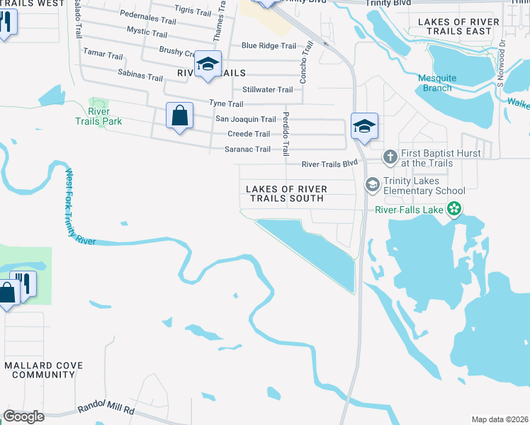 map of restaurants, bars, coffee shops, grocery stores, and more near 9000 River Falls Drive in Fort Worth