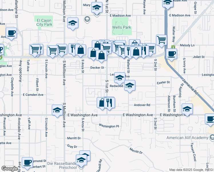 map of restaurants, bars, coffee shops, grocery stores, and more near South 1st Street in El Cajon