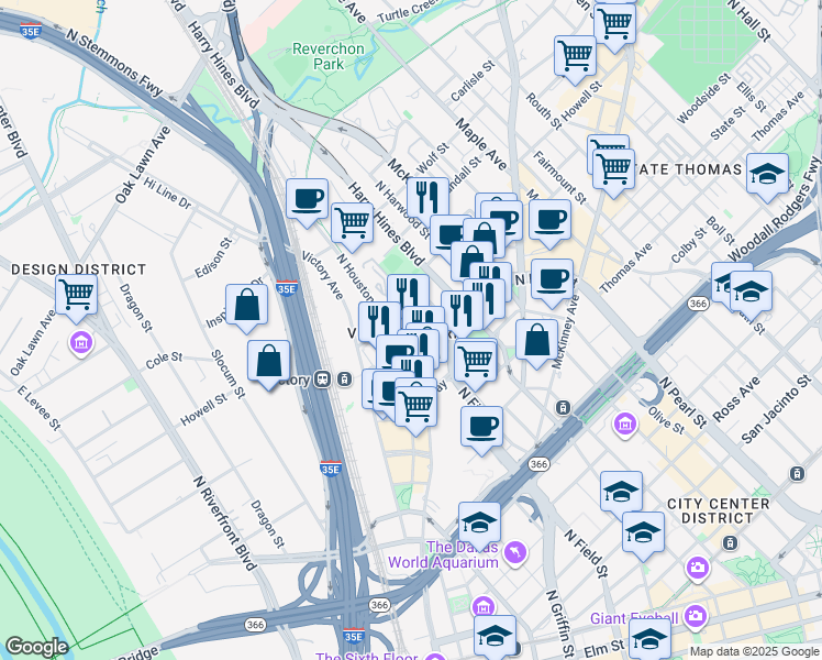 map of restaurants, bars, coffee shops, grocery stores, and more near 1701 Payne Street in Dallas