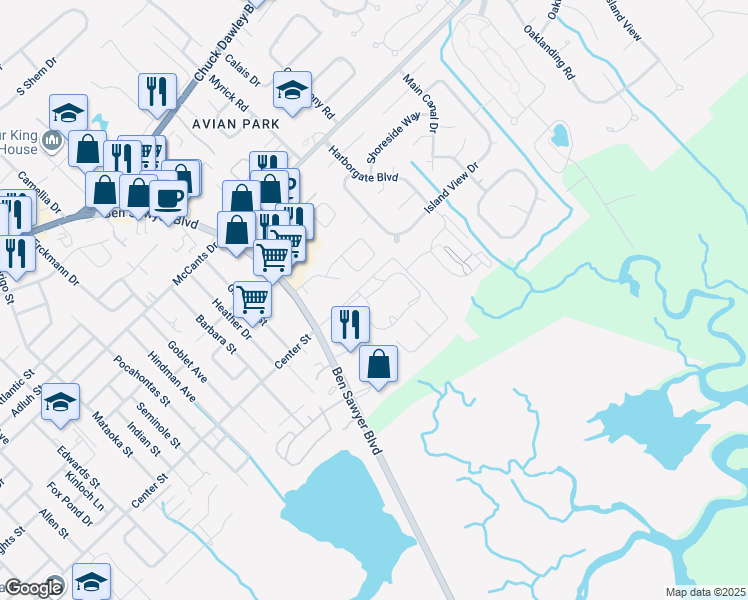 map of restaurants, bars, coffee shops, grocery stores, and more near 1481 Center Street Extension in Mount Pleasant