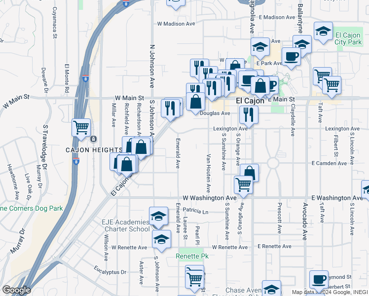 map of restaurants, bars, coffee shops, grocery stores, and more near 403 Emerald Avenue in El Cajon