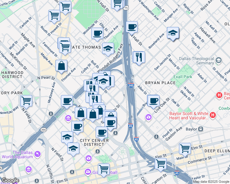 map of restaurants, bars, coffee shops, grocery stores, and more near 2611 Ross Avenue in Dallas