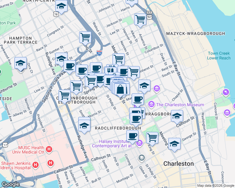 map of restaurants, bars, coffee shops, grocery stores, and more near 7 Cannon Street in Charleston