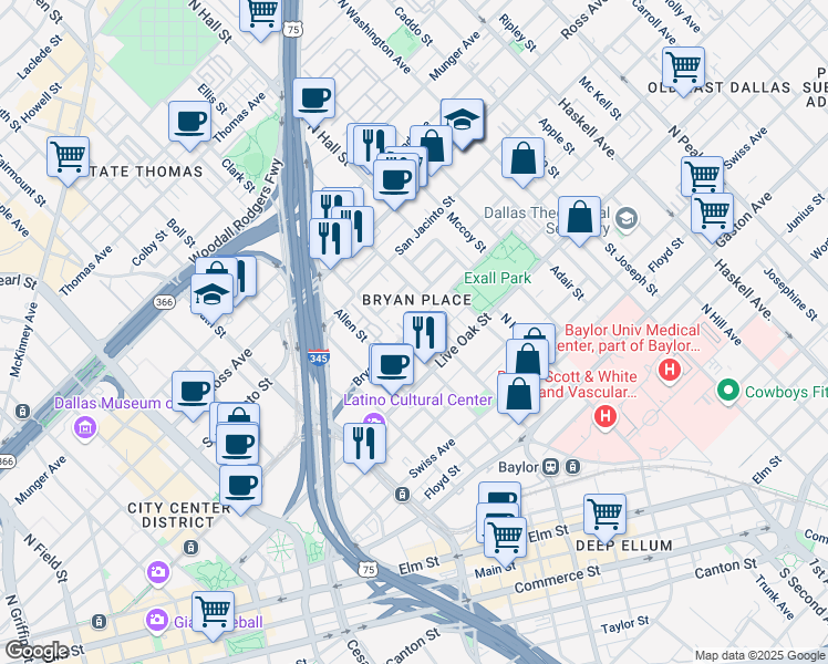 map of restaurants, bars, coffee shops, grocery stores, and more near 3030 Bryan Street in Dallas