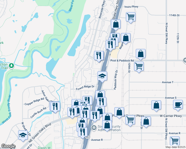 map of restaurants, bars, coffee shops, grocery stores, and more near 2355 North Highway 360 in Grand Prairie