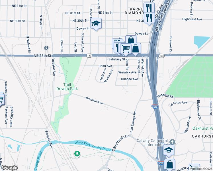 map of restaurants, bars, coffee shops, grocery stores, and more near 2512 Moore Avenue in Fort Worth