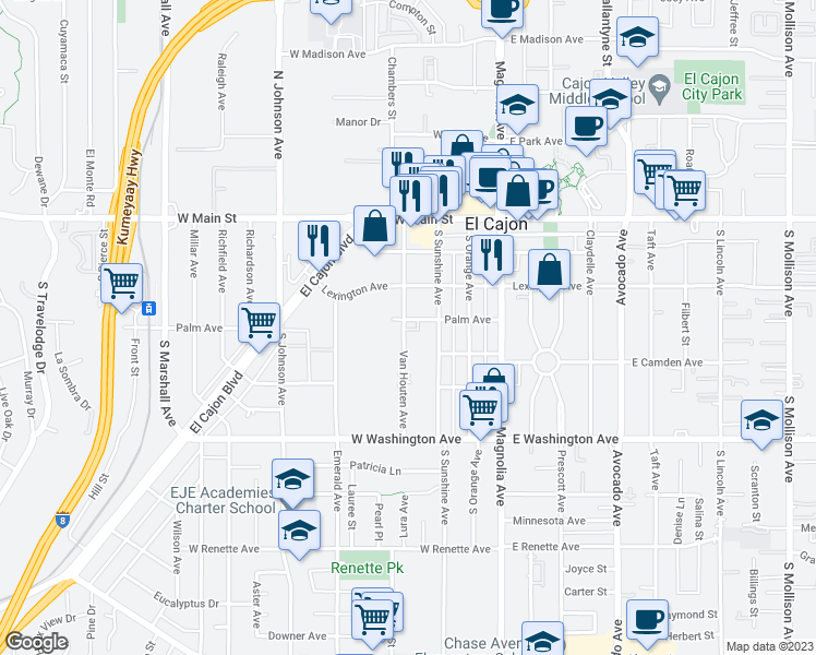 map of restaurants, bars, coffee shops, grocery stores, and more near 353 Palm Avenue in El Cajon