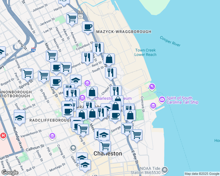 map of restaurants, bars, coffee shops, grocery stores, and more near 126 Alexander Street in Charleston