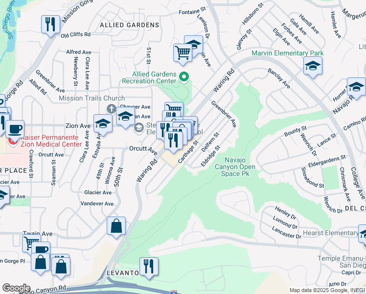 map of restaurants, bars, coffee shops, grocery stores, and more near 5165 Waring Road in San Diego