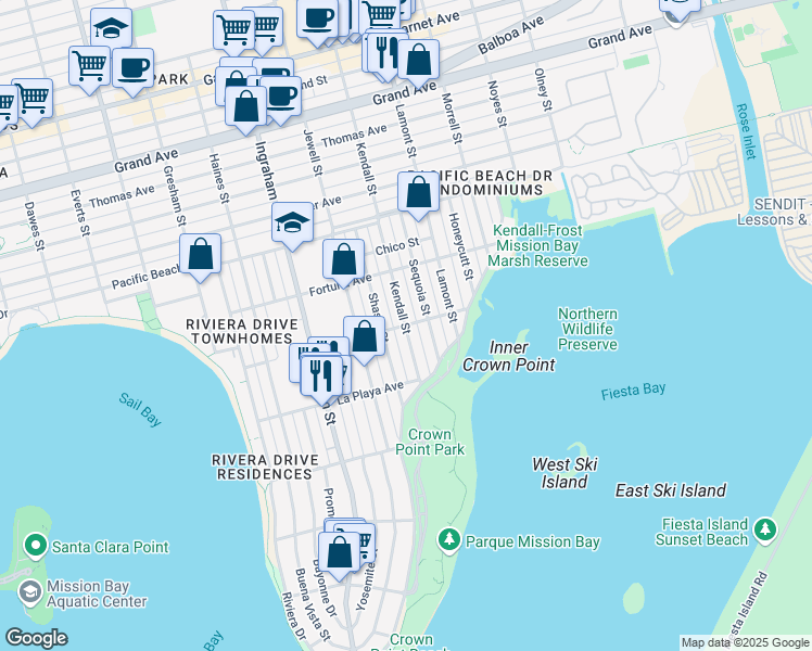 map of restaurants, bars, coffee shops, grocery stores, and more near Kendall Street & Roosevelt Avenue in San Diego