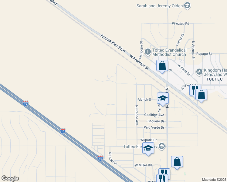 map of restaurants, bars, coffee shops, grocery stores, and more near 3920 Oro Drive in Eloy