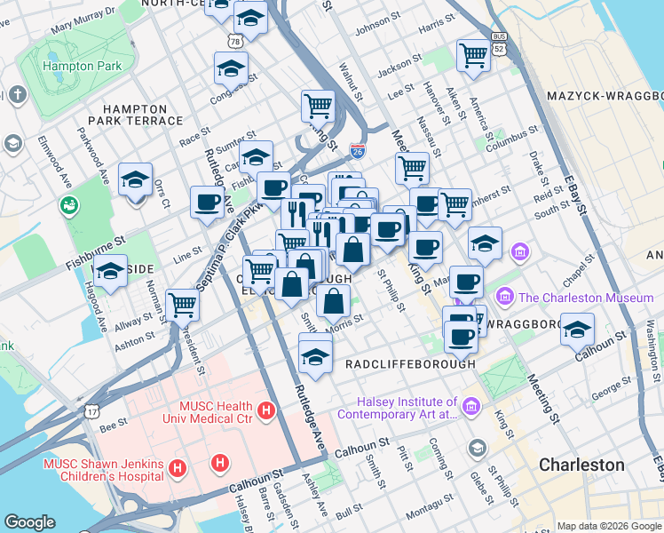 map of restaurants, bars, coffee shops, grocery stores, and more near 65 Spring Street in Charleston