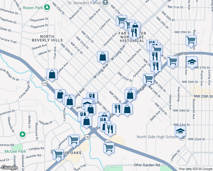 map of restaurants, bars, coffee shops, grocery stores, and more near 2524 Northwest 20th Street in Fort Worth