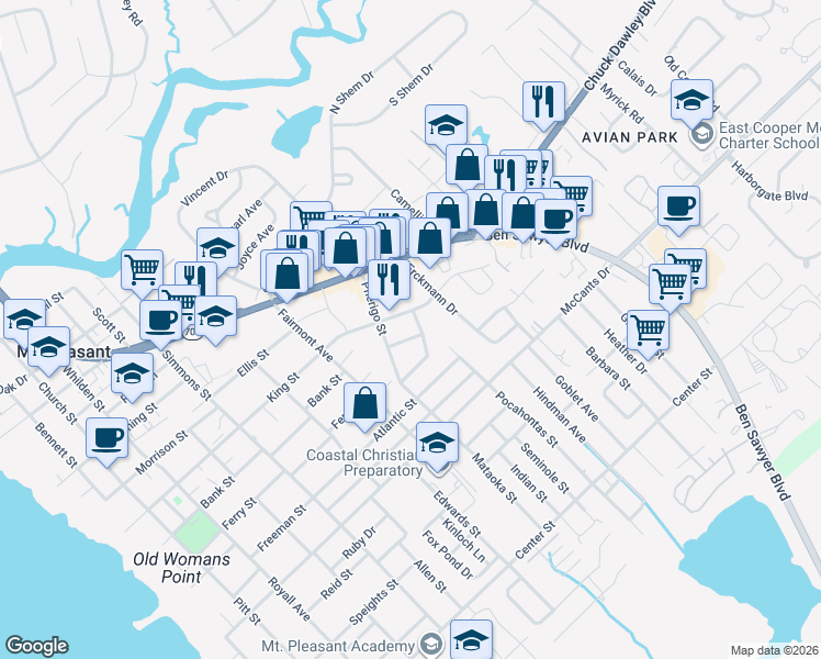map of restaurants, bars, coffee shops, grocery stores, and more near 1311 Wayne Street in Mount Pleasant