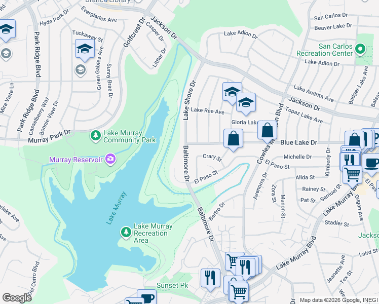 map of restaurants, bars, coffee shops, grocery stores, and more near 6193 Baltimore Drive in La Mesa