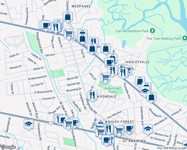 map of restaurants, bars, coffee shops, grocery stores, and more near 4 Jerry Drive in Charleston