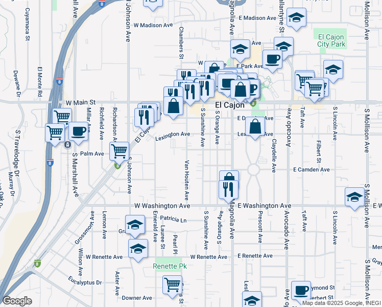 map of restaurants, bars, coffee shops, grocery stores, and more near 351 Palm Avenue in El Cajon