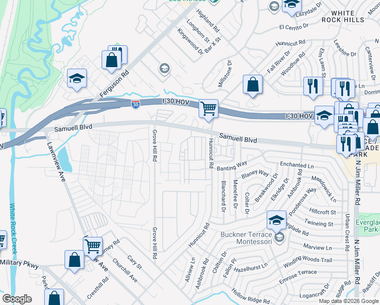 map of restaurants, bars, coffee shops, grocery stores, and more near 7533 Laburnam Road in Dallas