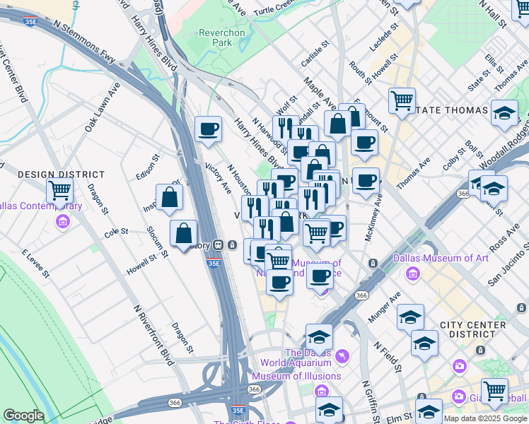 map of restaurants, bars, coffee shops, grocery stores, and more near 2728 North Houston Street in Dallas