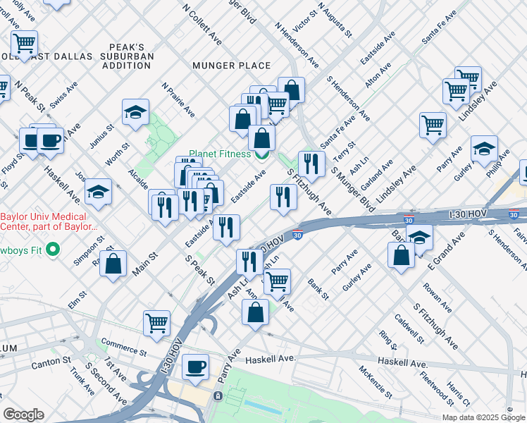 map of restaurants, bars, coffee shops, grocery stores, and more near 4616 Santa Fe Avenue in Dallas