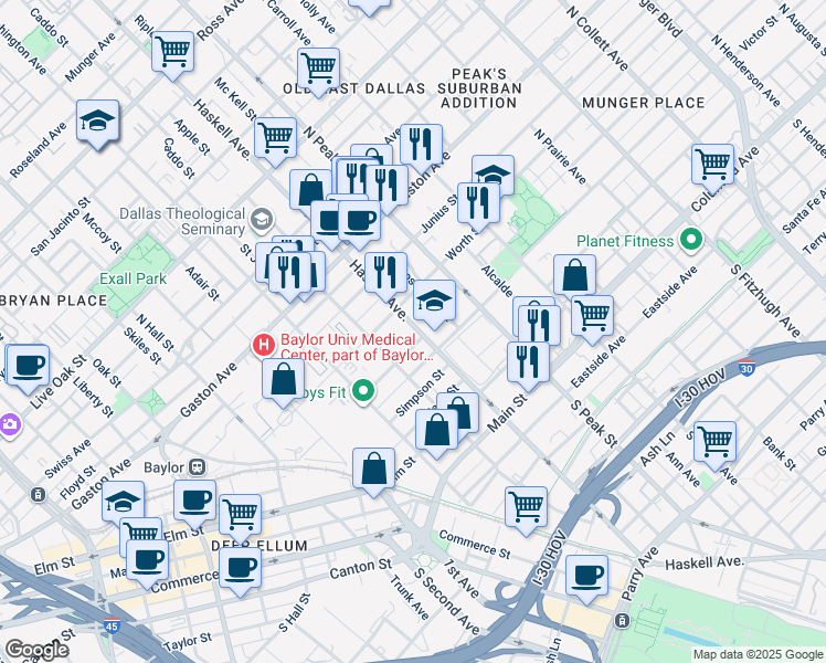 map of restaurants, bars, coffee shops, grocery stores, and more near 509 North Haskell Avenue in Dallas