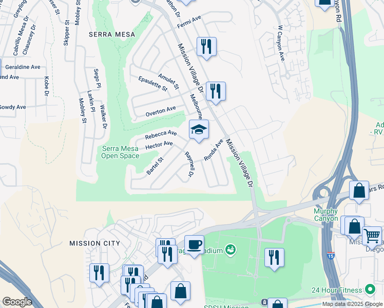 map of restaurants, bars, coffee shops, grocery stores, and more near 2621 Raymell Drive in San Diego