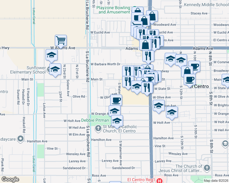 map of restaurants, bars, coffee shops, grocery stores, and more near 1720 West Olive Avenue in El Centro