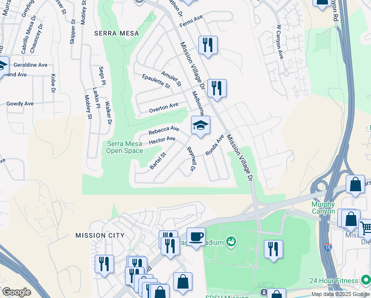 map of restaurants, bars, coffee shops, grocery stores, and more near 2597 Melbourne Drive in San Diego