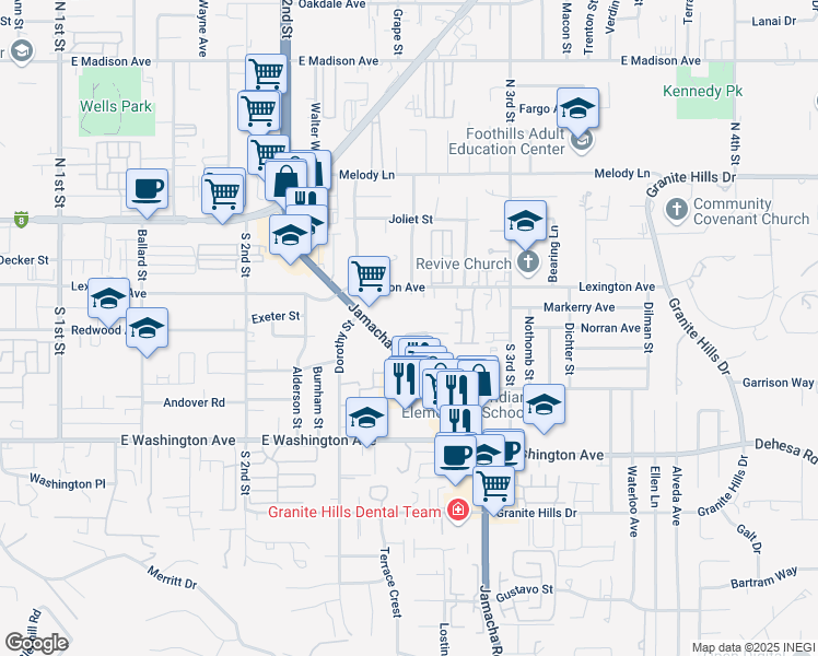 map of restaurants, bars, coffee shops, grocery stores, and more near 1412 Sunnyland Avenue in El Cajon