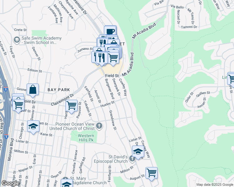 map of restaurants, bars, coffee shops, grocery stores, and more near 2736 Deerpark Drive in San Diego