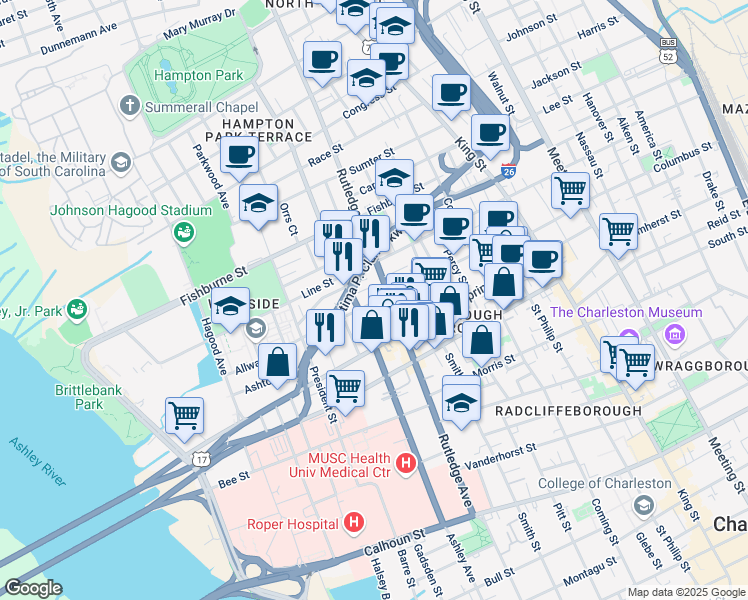 map of restaurants, bars, coffee shops, grocery stores, and more near 92 Bogard Street in Charleston
